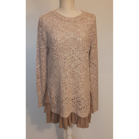 Knox Rose Size L Beige/Coral Crochet Knit Cotton Blend Sweater w/Ruffle Trim - Picture 1 of 8